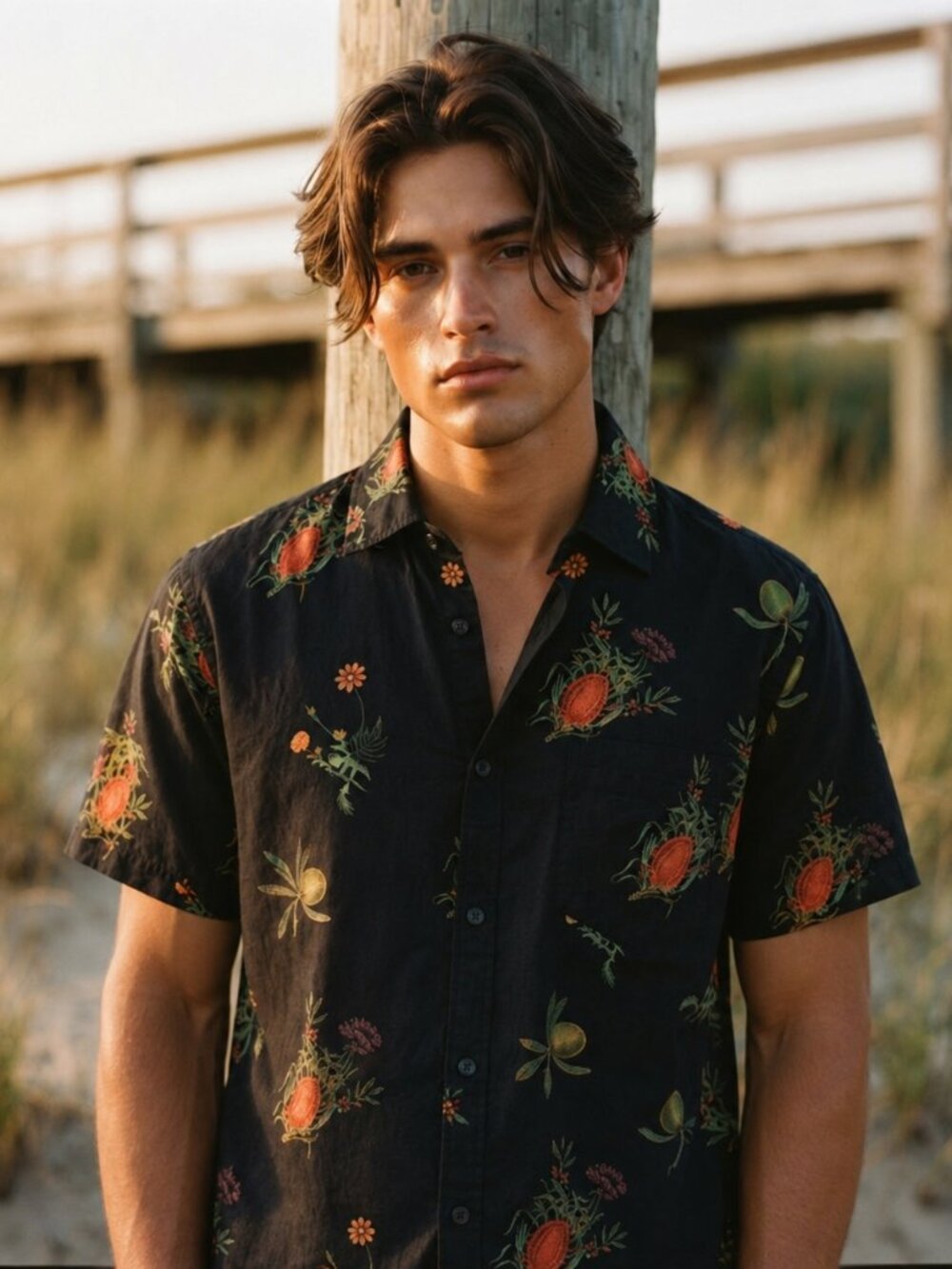 SWELL Men's Medium Black Cotton Floral Botanical Print Short Sleeve Button Down